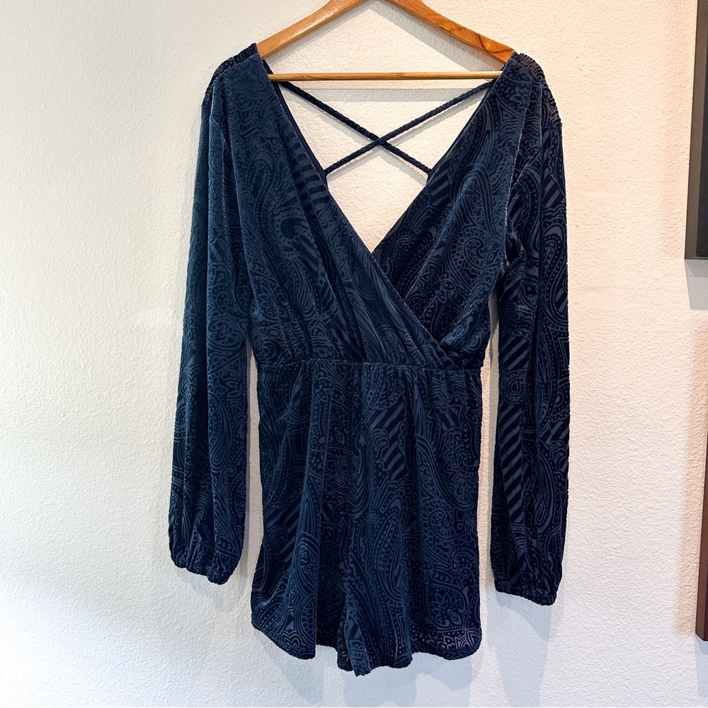 Velvet Paisley Surplice Long Sleeve Romper - Deep Navy
